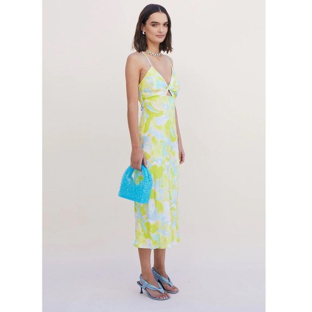 SUBOO Kaleidoscope Twist Front Satin Slip Dress Splash Print Large Wedding Guest